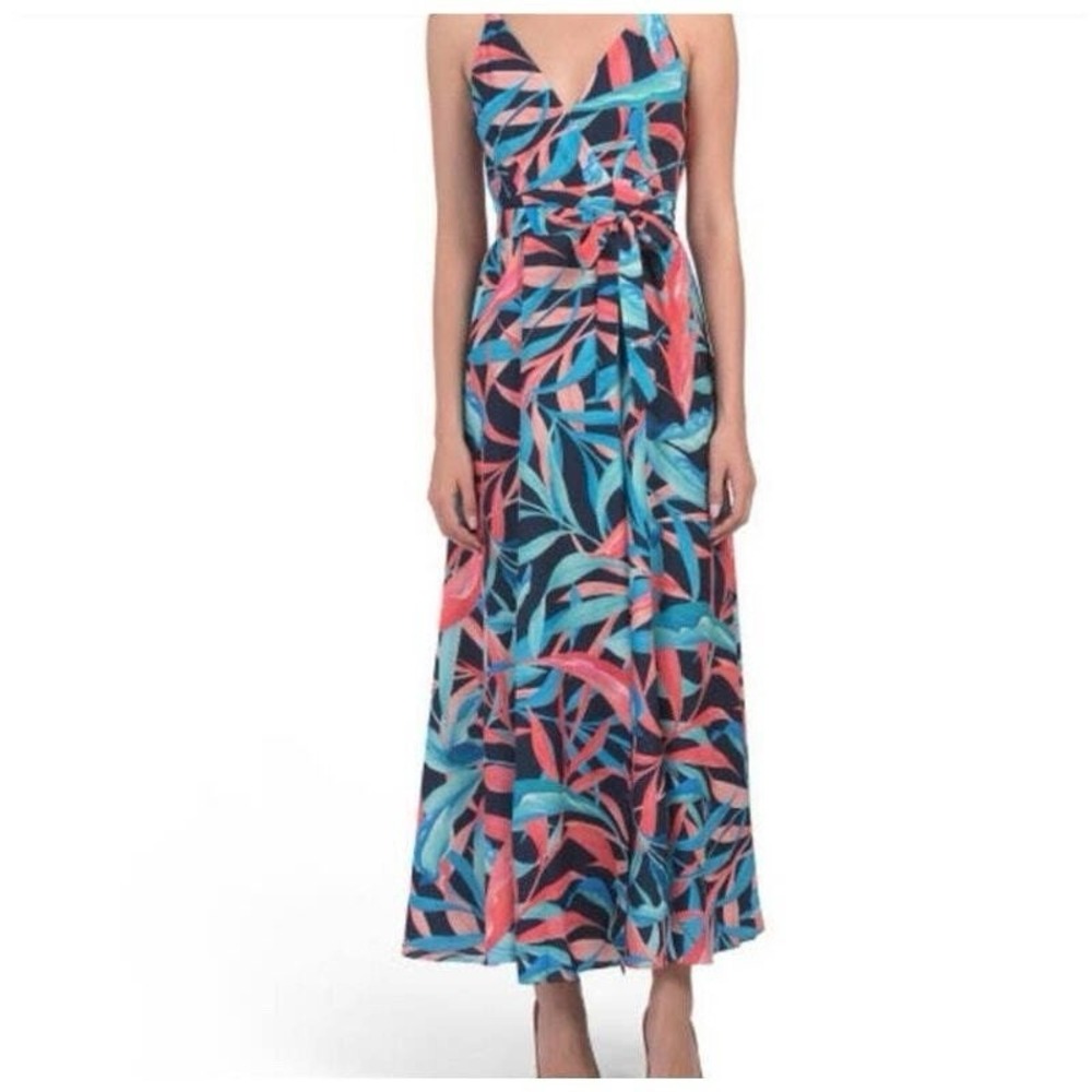 Anthropologie Hutch Tropical Multicolor Blue Pink Maxi Wrap Dress Sz S Petite‎